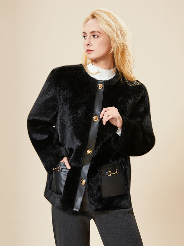 Round Neck Leather Patchwork Black Coat