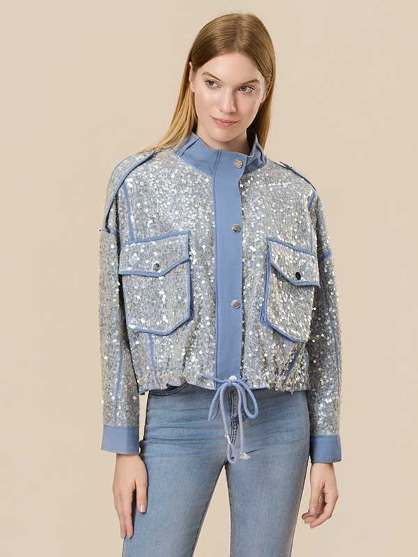 Color Block Sequin Drawstring Jacket