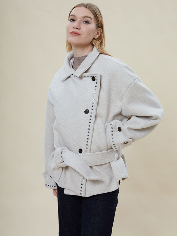 Notch Lapel Belt Diagonal Buttons Coat