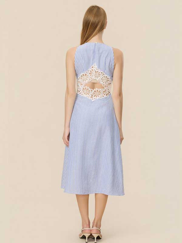 Back Hole Striped Hollow Out Maxi Dress