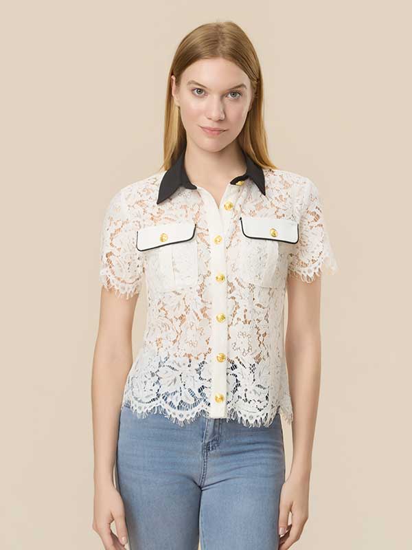 Color Block Lace See Through Shirt