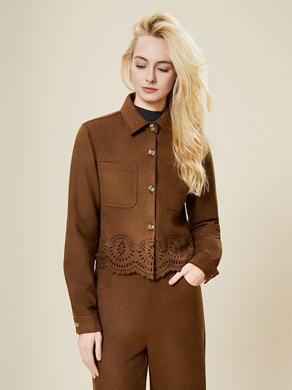 Hollow Out Single Breasted Brown Jacket