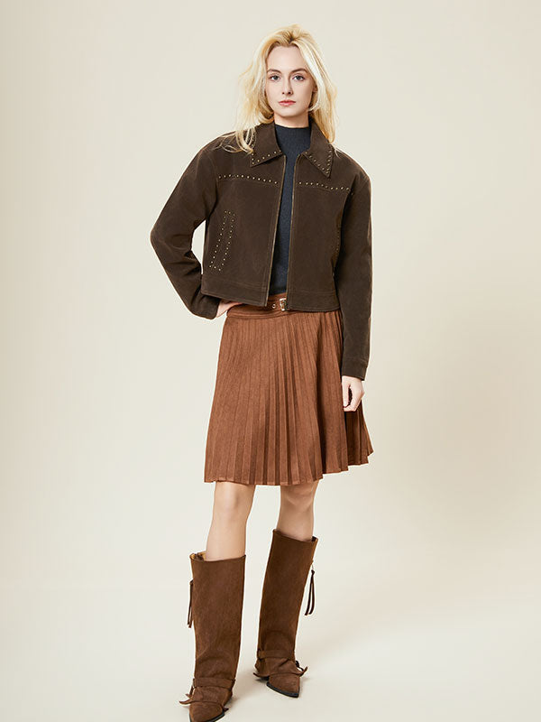 Fold Over Collar Rivet Zipper Brown Jacket