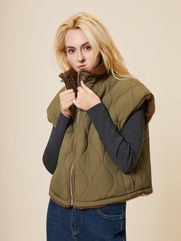 Band Collar Fur Lined Patchwork Vest