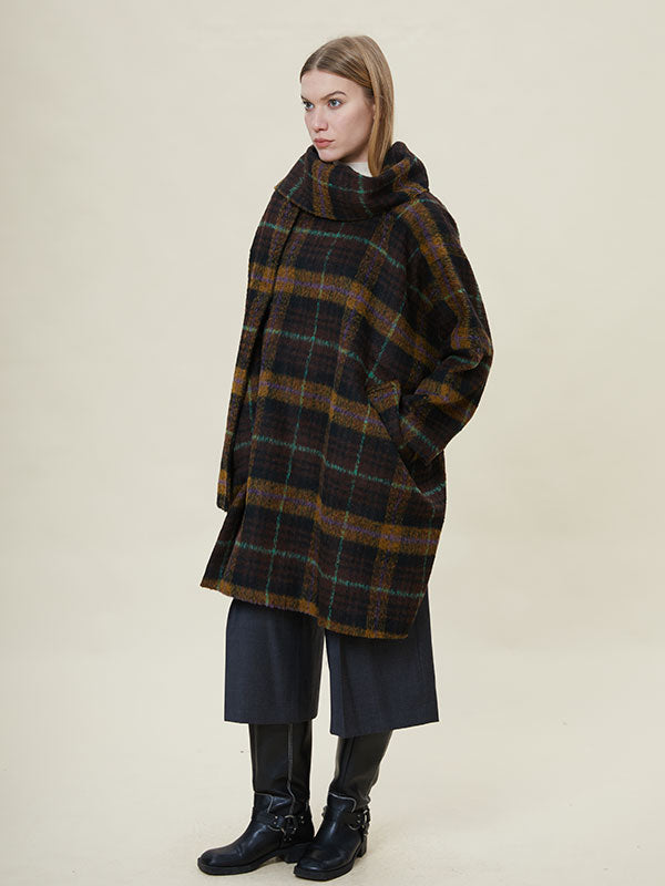 Scarf Collar Checkered  Design Coat