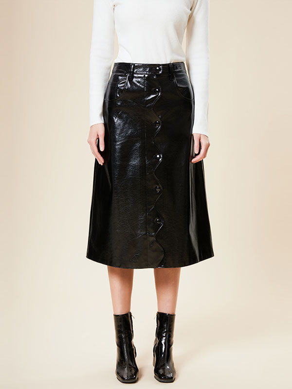 Black Single Breasted Solid Leather Midi Skirt