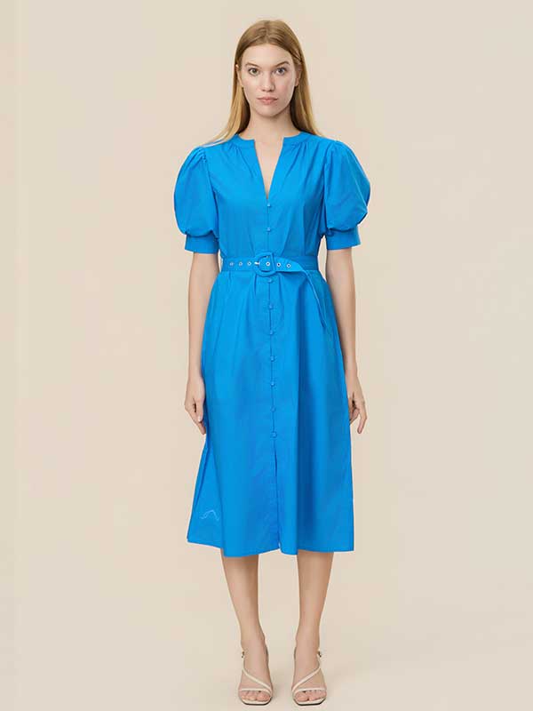 V Neck Belt Blue Maxi Dress