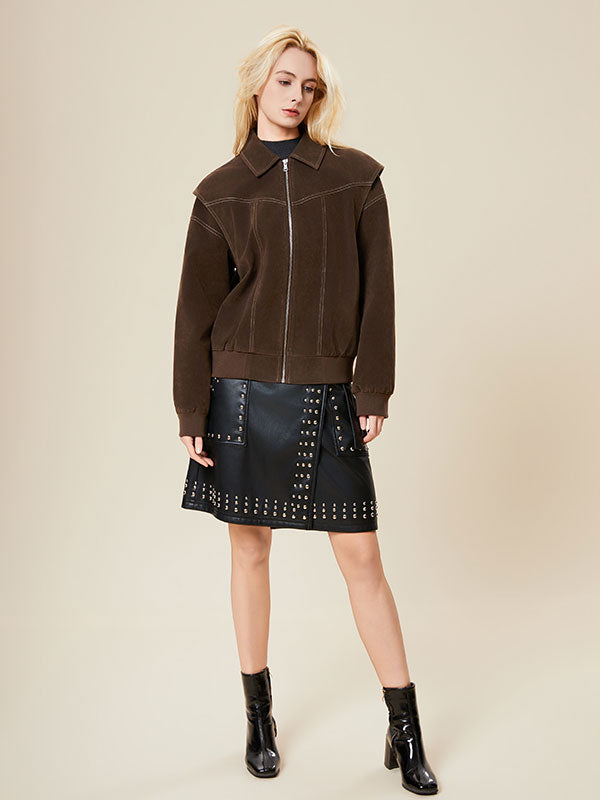 Contrast Stitching Zipper Fold Over Collar Jacket