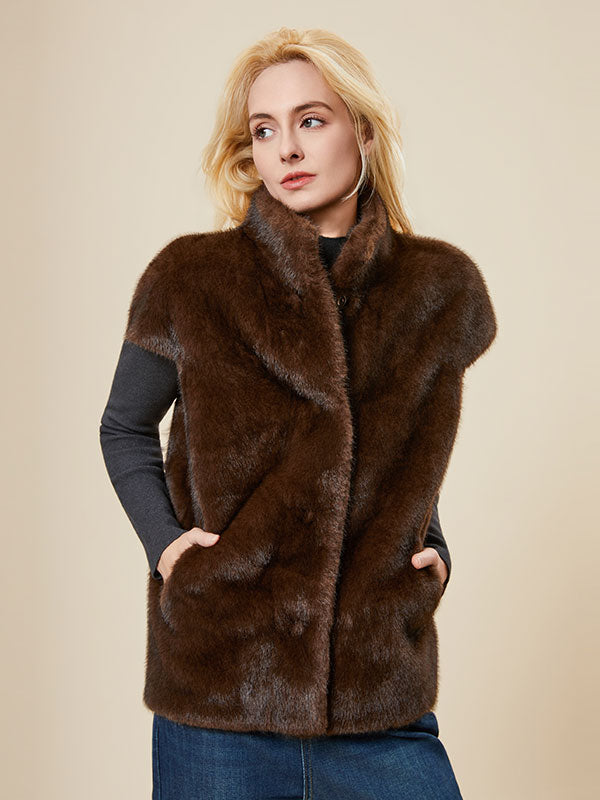 Warm Band Collar Single Breasted Fur Vest