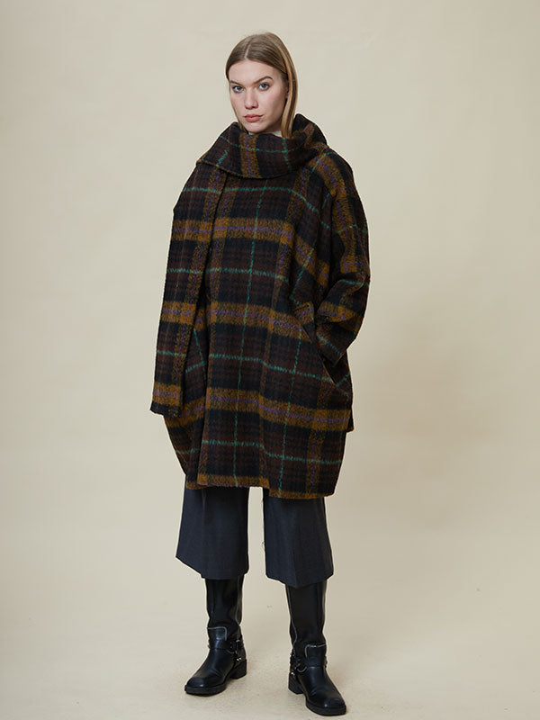 Scarf Collar Checkered  Design Coat