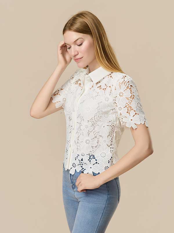 Floral Hollow Out Solid Shirt
