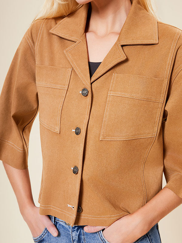 Notch Lapel Patch Pocket Solid Blouse