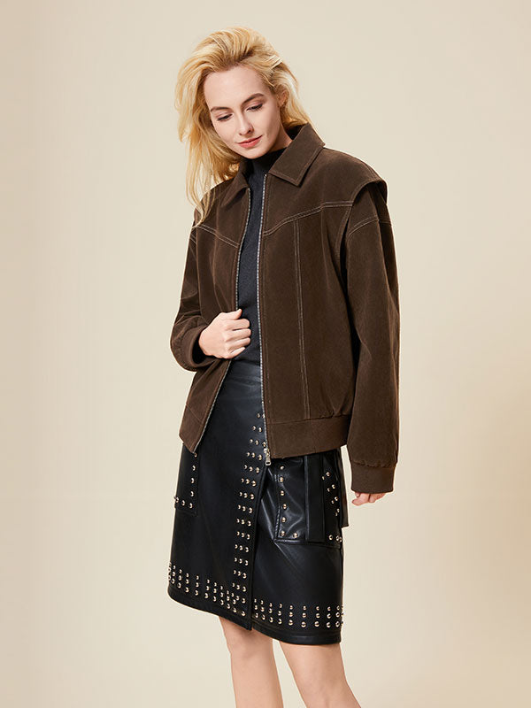 Contrast Stitching Zipper Fold Over Collar Jacket