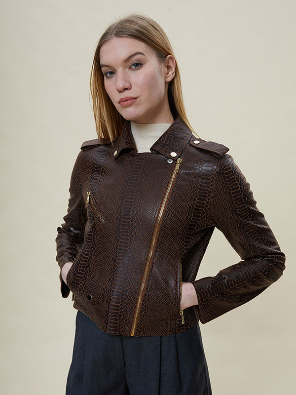 Notch Lapel Animal Printed Leather Jacket