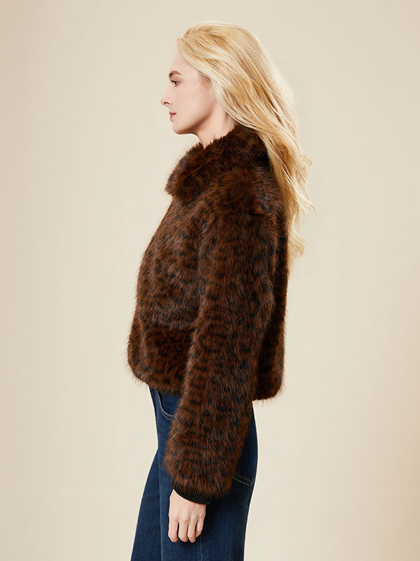 Leopard Fold Over Collar Zipper Fur Coat