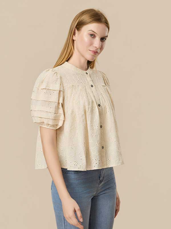Flounce Hollow Out Crew Neck Blouse