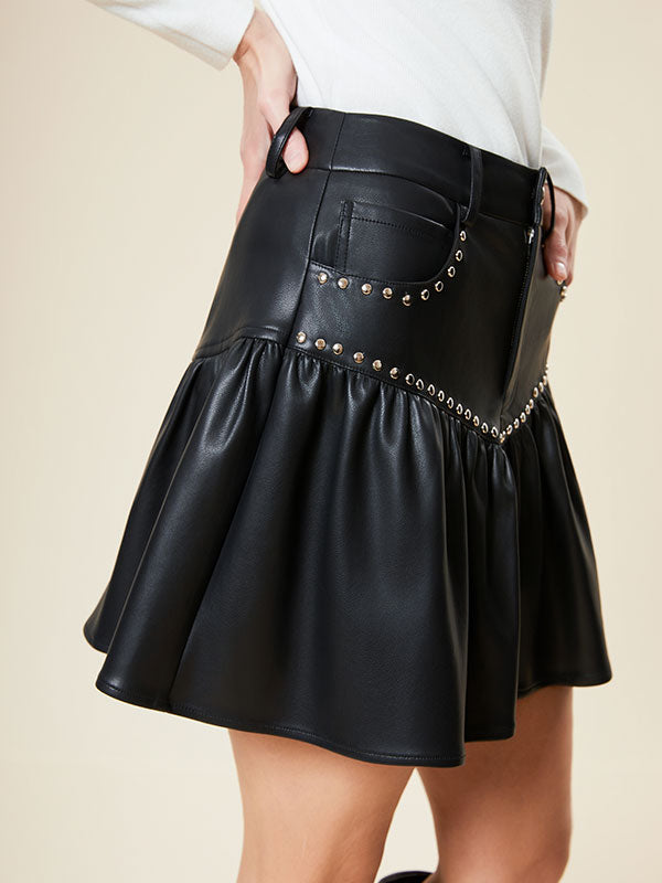 Flounce Rivet Patchwork Leather Mini Skirt