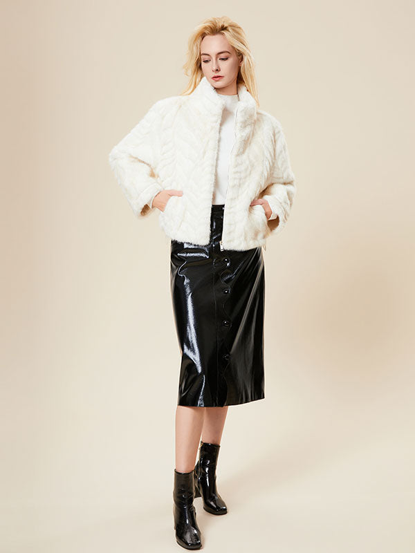 Elegant Band Collar Zipper Solid Fur Coat