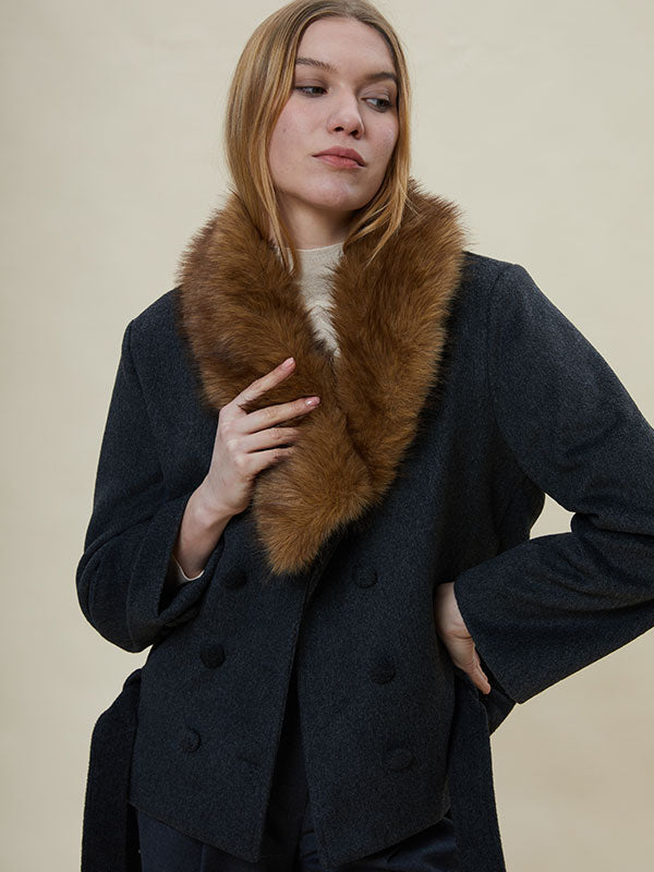 Fur Collar Blet Double Breasted Coat