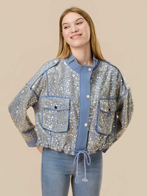 Color Block Sequin Drawstring Jacket