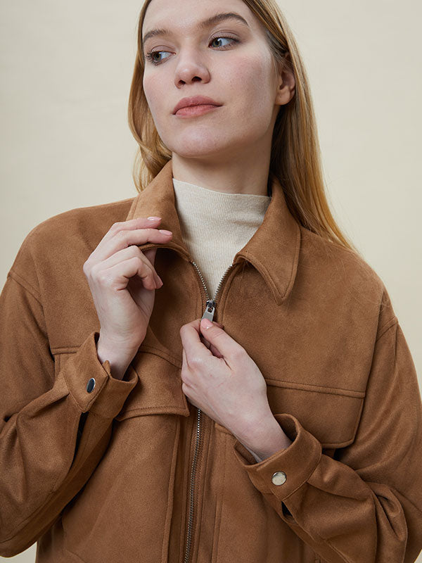 Flap Pocket Zipper Brown Jacket