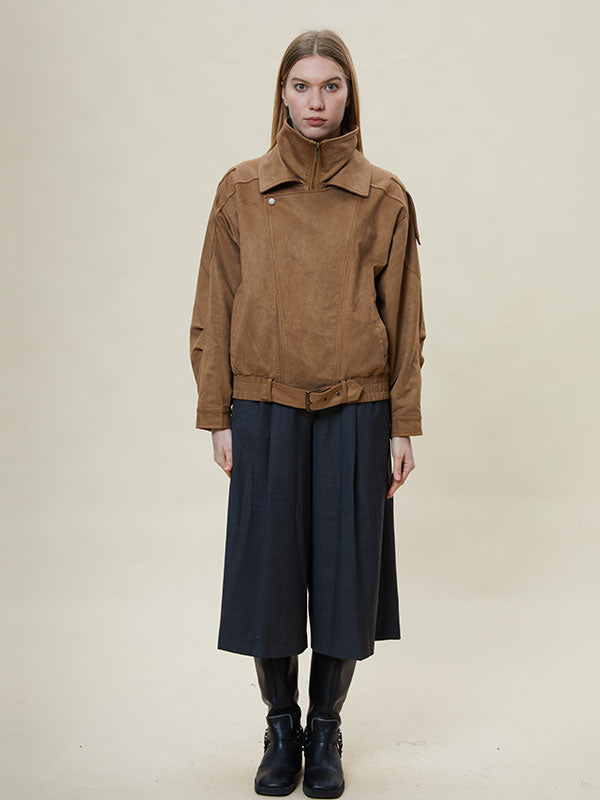 Meilade Lapel Belt Zipper Jacket