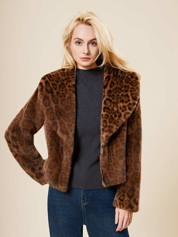 Leopard Printed Lapel Snap Front Fur Coat