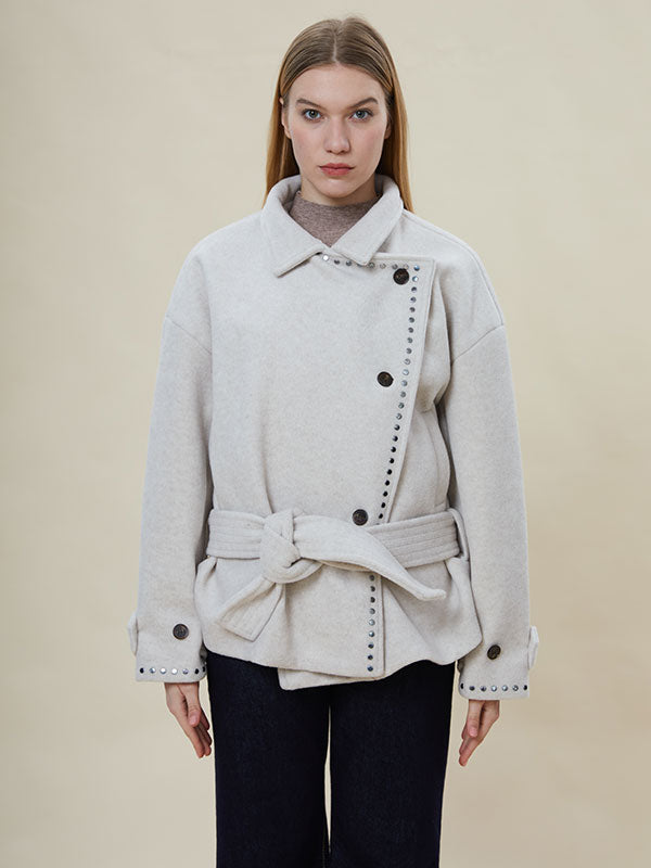 Notch Lapel Belt Diagonal Buttons Coat