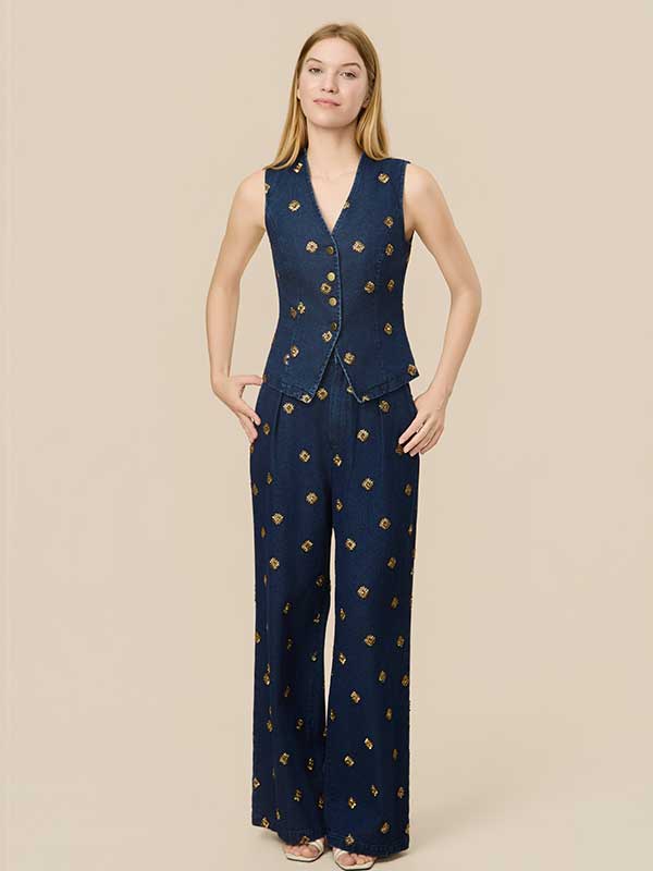 Embroidery V Neck Denim Outfit Sets