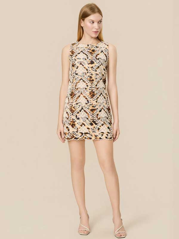 Animal Printed Decorative Lace Mini Dress