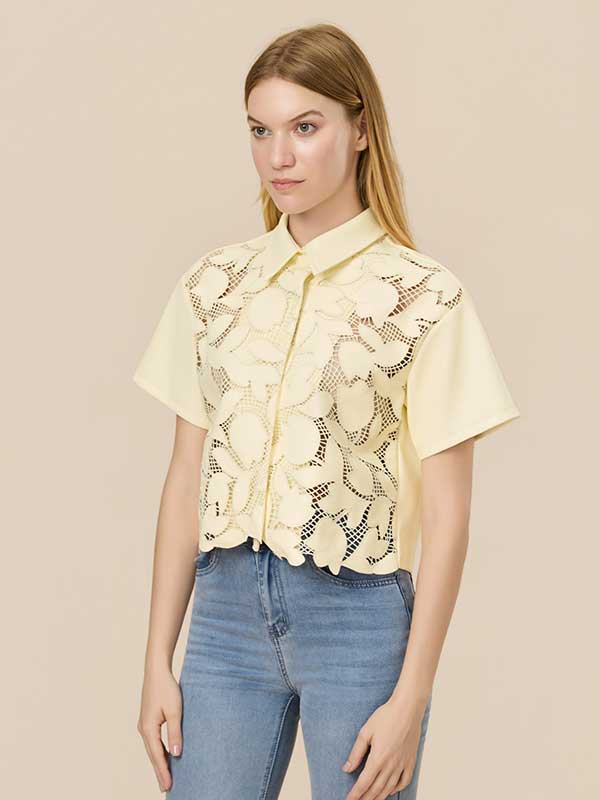 Floral Hollow Out Solid Shirt