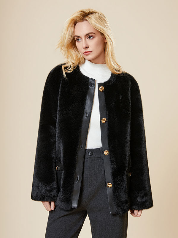 Round Neck Leather Patchwork Black Coat