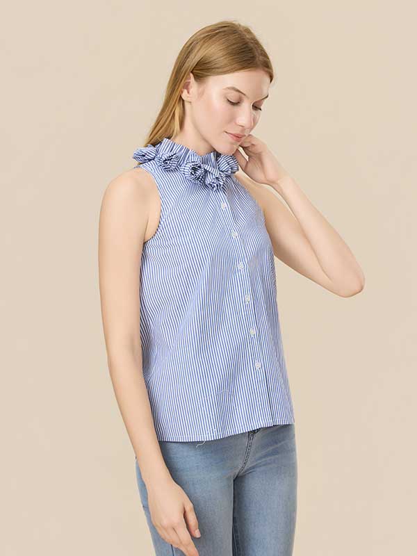 Floral Band Collar Striped Blouse