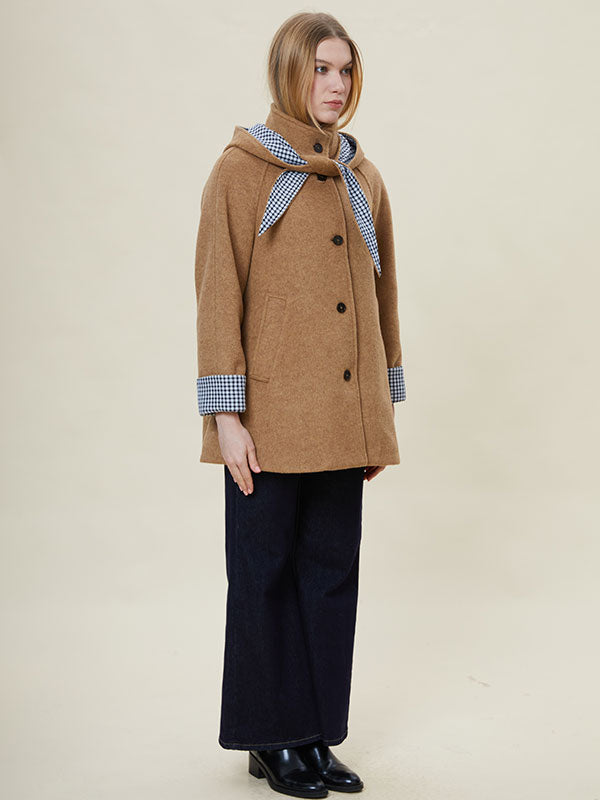 Hooded Checkered Patchwork Design Coat