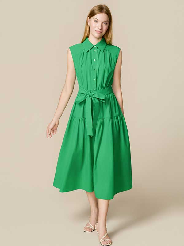 Button Down Collar Belt Maxi Dress