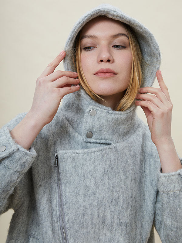 Gray Hooded Zipper Solid Jacket