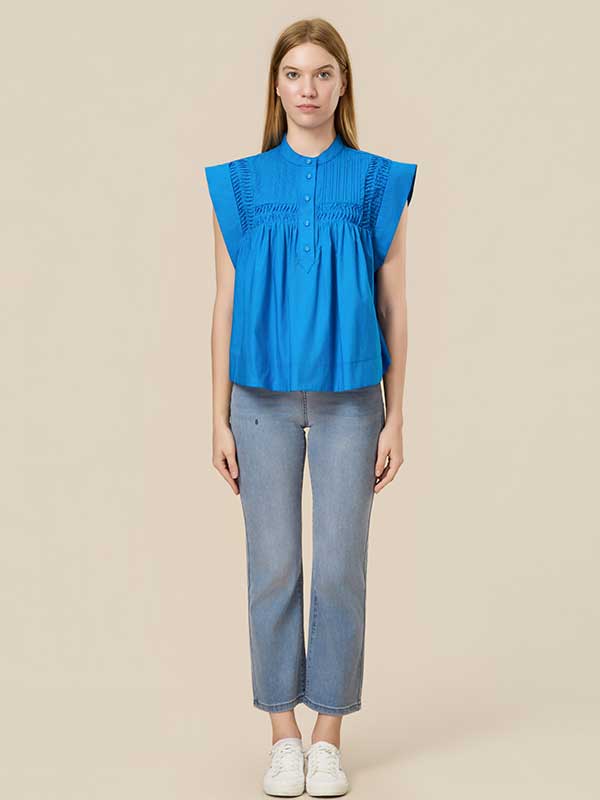 Crew Neck Buttons Solid Shirt