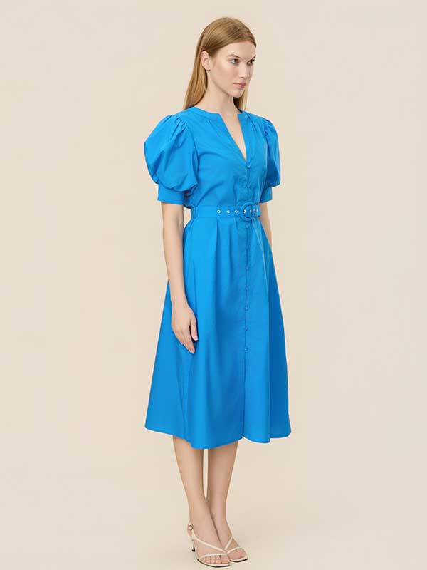 V Neck Belt Blue Maxi Dress