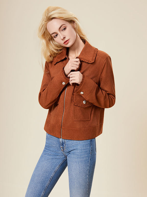 Ruffle Trim Flap Pocket Zipper Solid Jacket
