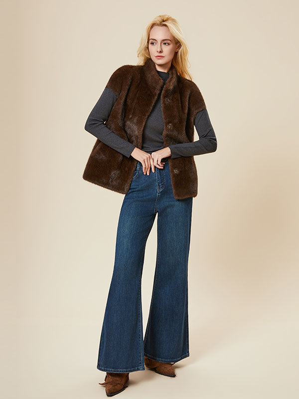 Warm Band Collar Single Breasted Fur Vest