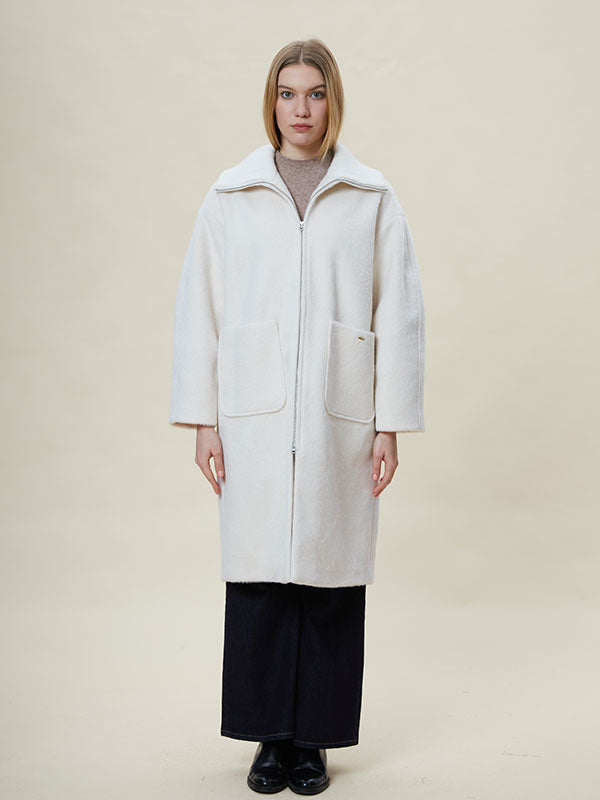 Solid Fold Over Collar Zipper Simple Coat