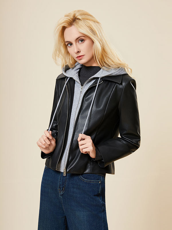 Hooded Color Block Zipper Leather Jacket