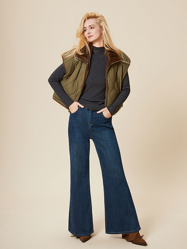 Band Collar Fur Lined Patchwork Vest