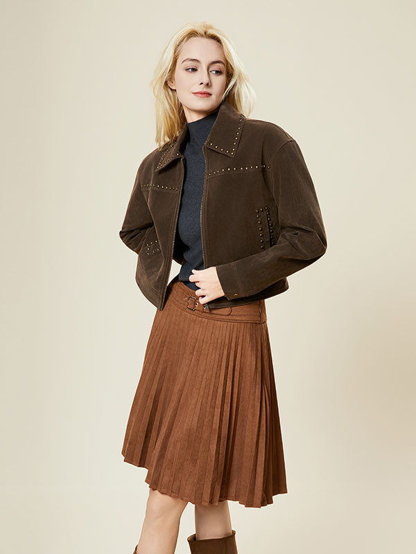 Fold Over Collar Rivet Zipper Brown Jacket