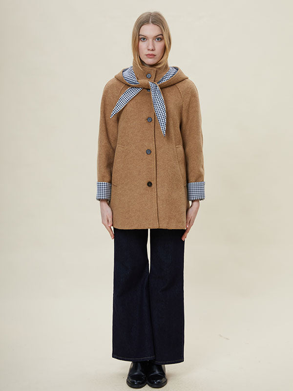 Hooded Checkered Patchwork Design Coat