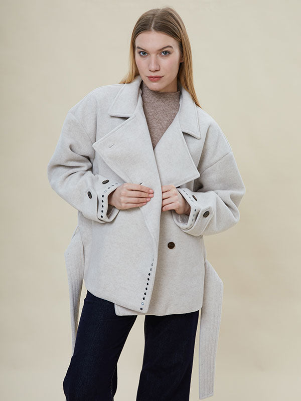 Notch Lapel Belt Diagonal Buttons Coat
