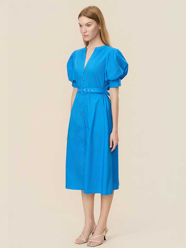 V Neck Belt Blue Maxi Dress