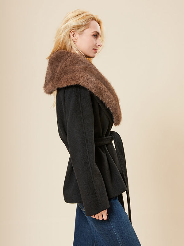 Fur Lapel Belt Patchwork Warm Coat