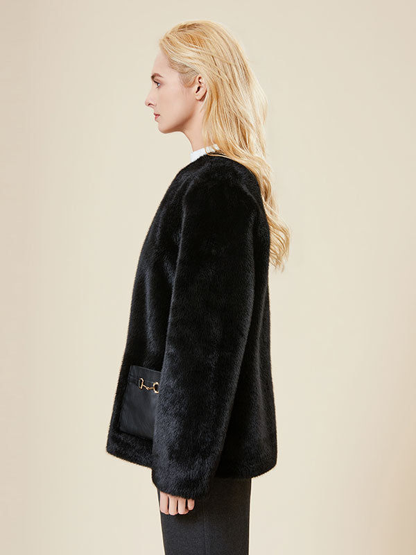 Round Neck Leather Patchwork Black Coat