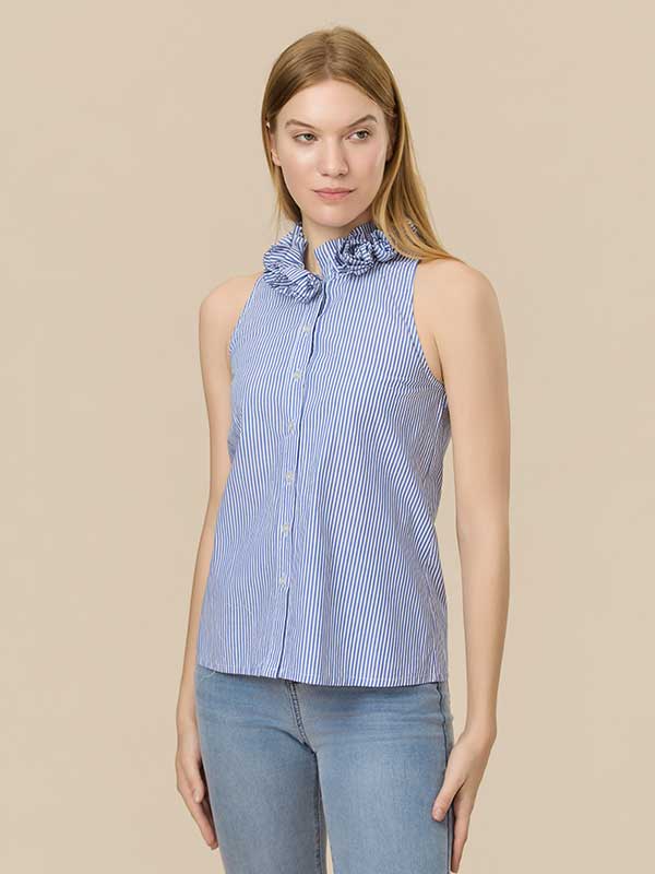 Floral Band Collar Striped Blouse